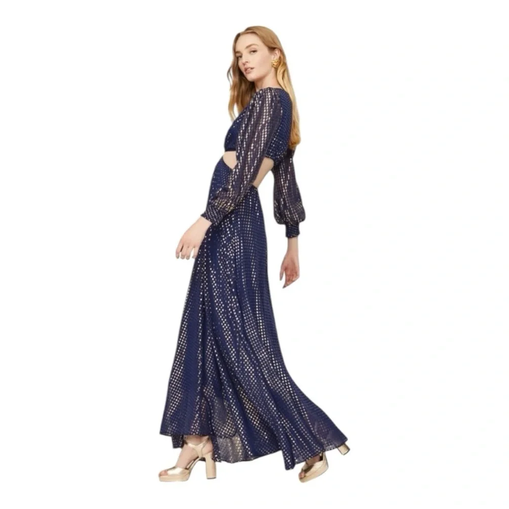 DELFI Cerise Gown Maxi Dress Waist Cutout in Blue Gold Silk Chiffon Size Large - Picture 4 of 13